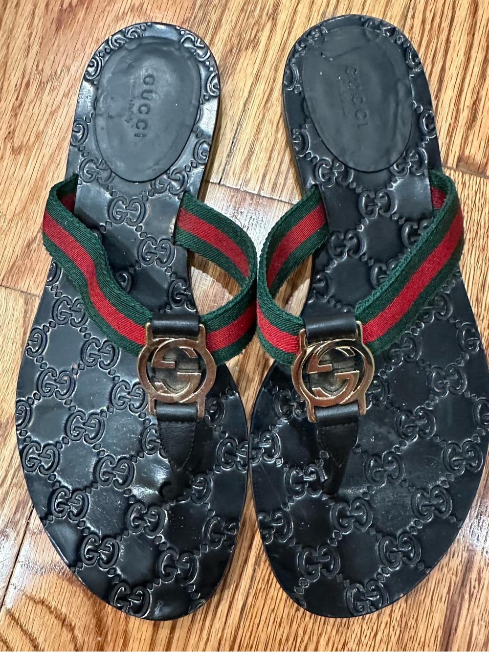 Gucci Vintage Web Stripe GG Logo Thong Sandals Flip Flops Black Size 39 - Picture 5 of 6